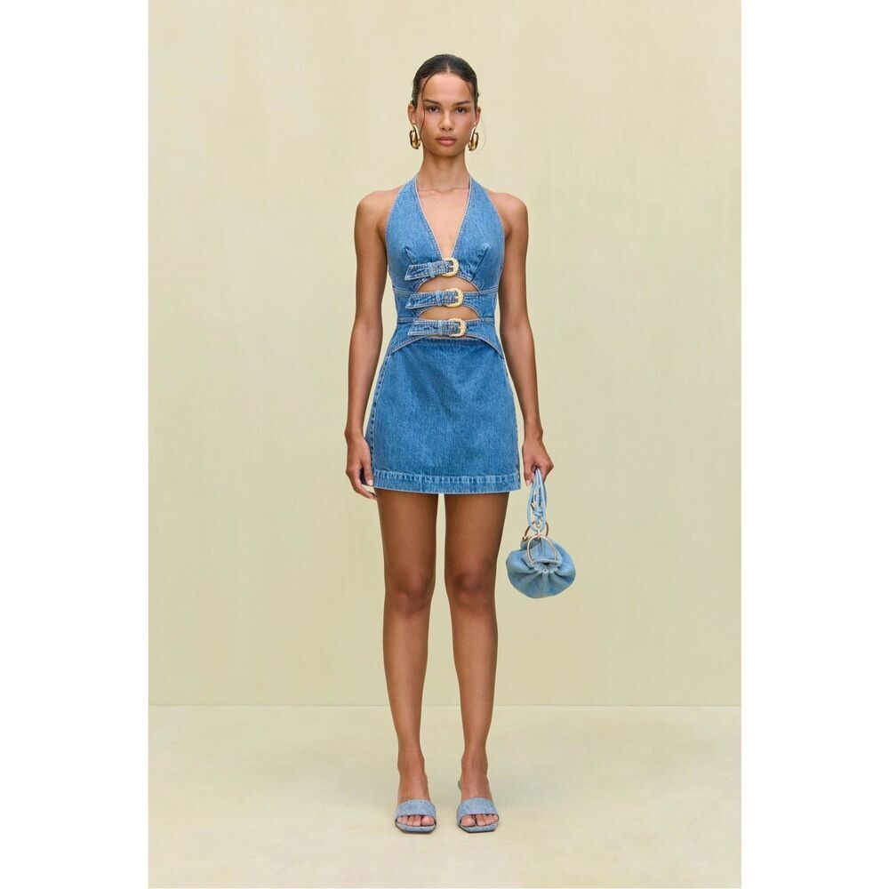 Commense Denim Halter Buckle Mini Dress Women’s Medium 4-6 Casual Chic - Picture 2 of 6